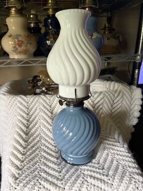 Vintage Swirl Glass Oil Lamp - Blue and White